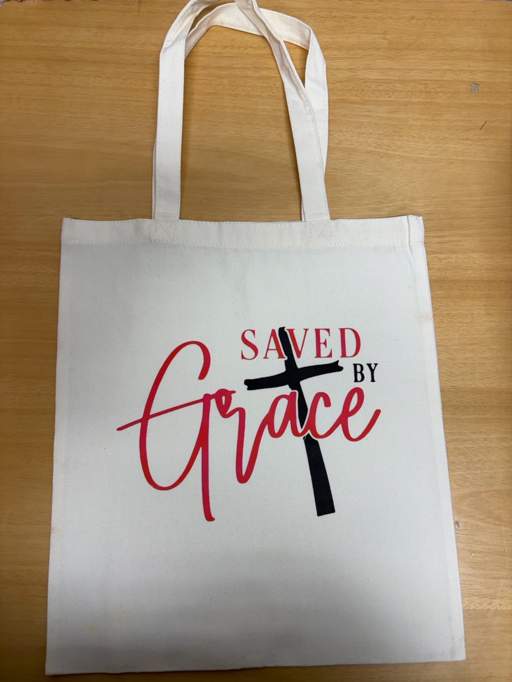 Christian Saved by Grace White Canvas Tote with Red Script